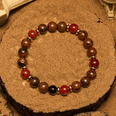 Olivenorma Armband mit Perlen aus natürlichem Mahagoni-Obsidian und roten Korallen