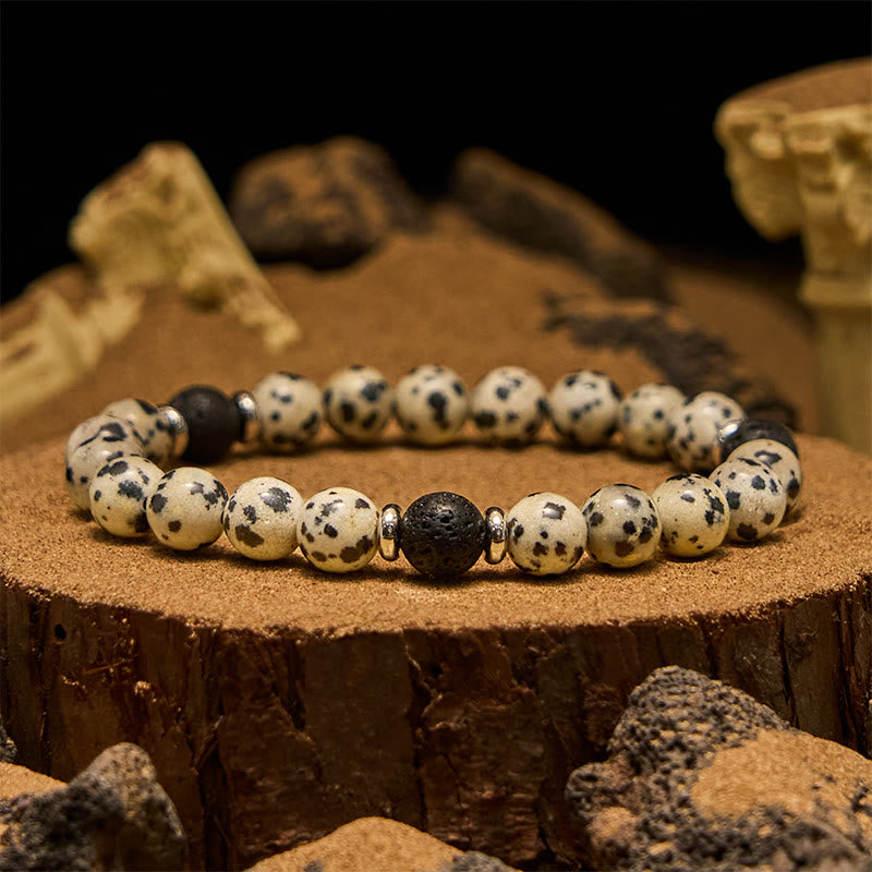 Olivenorma Armband mit Perlen aus natürlichem Dalmatiner-Jaspis und Lavastein