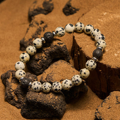 Olivenorma Armband mit Perlen aus natürlichem Dalmatiner-Jaspis und Lavastein