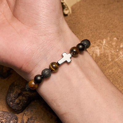 Olivenorma Tigerauge Lavastein Perlen Kreuz Armband