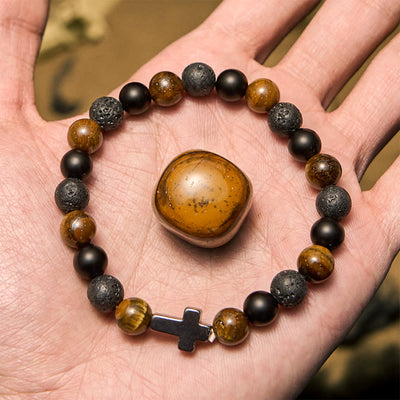 Olivenorma Tigerauge Lavastein Perlen Kreuz Armband