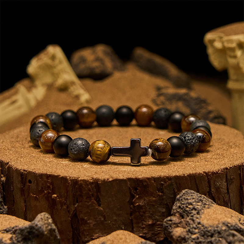 Olivenorma Tigerauge Lavastein Perlen Kreuz Armband