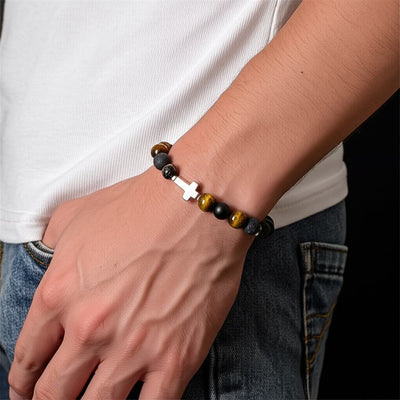 Olivenorma Tigerauge Lavastein Perlen Kreuz Armband