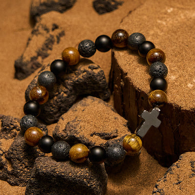 Olivenorma Tigerauge Lavastein Perlen Kreuz Armband
