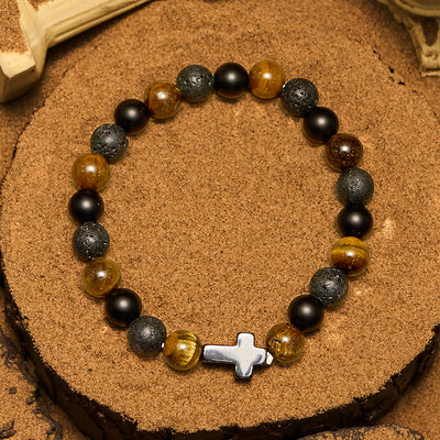 Olivenorma Tigerauge Lavastein Perlen Kreuz Armband