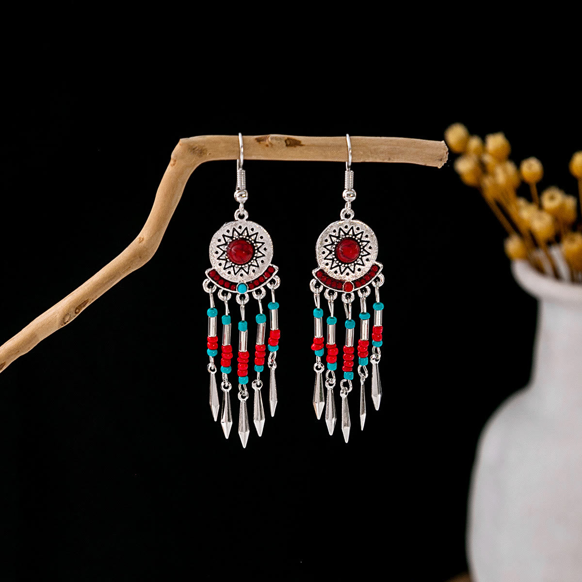 Olivenorma Ohrringe im Retro-Ethno-Stil, Bohemian-Stil, mit Quaste, Türkis
