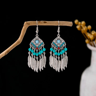 Olivenorma Ohrringe im Retro-Ethno-Stil, Bohemian-Stil, mit Quaste, Türkis