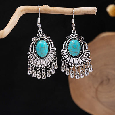 Olivenorma Ohrringe im Retro-Ethno-Stil, Bohemian-Stil, mit Quaste, Türkis
