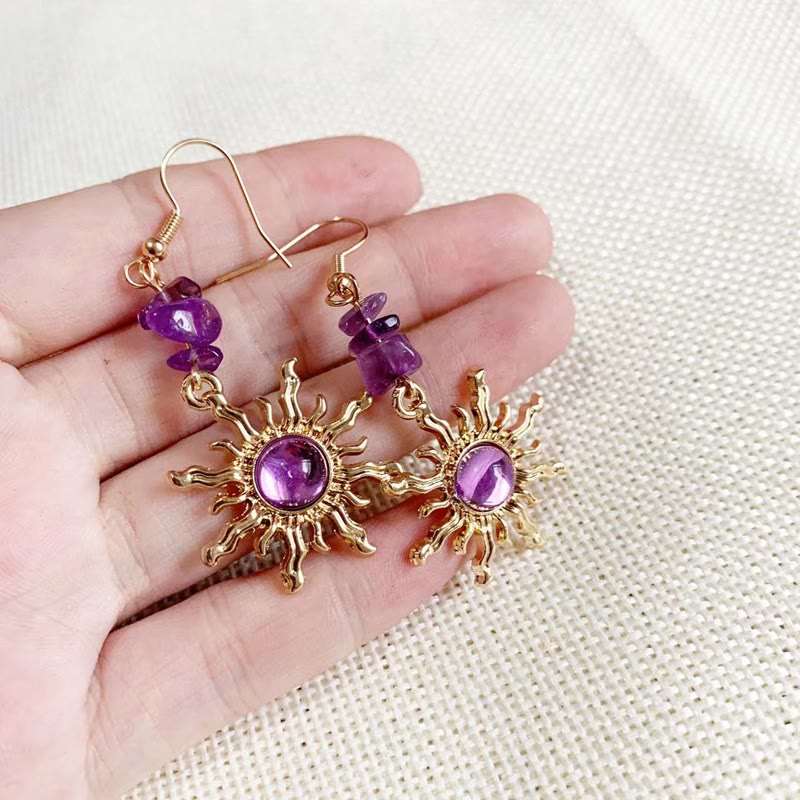 Olivenorma Sonnenohrringe aus natürlichem Amethyst-Kies