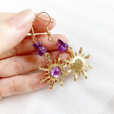 Olivenorma Sonnenohrringe aus natürlichem Amethyst-Kies