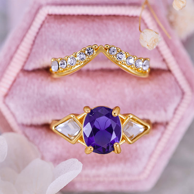 Olivenorma 2-teiliges Ringset mit ovalem Amethyst und weißem Zirkon