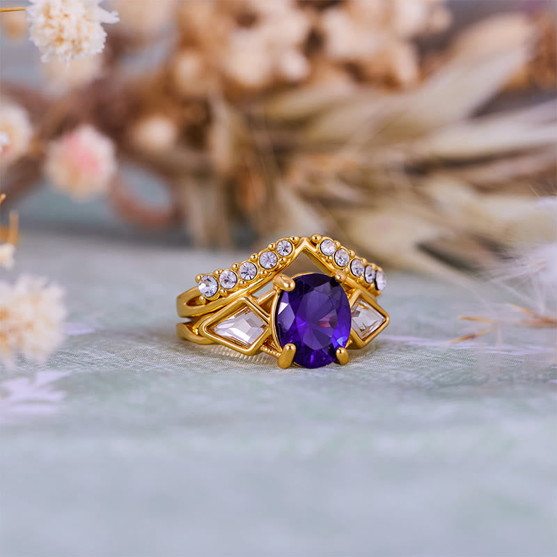 Olivenorma 2-teiliges Ringset mit ovalem Amethyst und weißem Zirkon