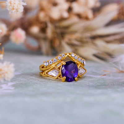 Olivenorma 2-teiliges Ringset mit ovalem Amethyst und weißem Zirkon
