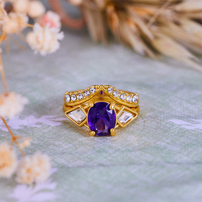 Olivenorma 2-teiliges Ringset mit ovalem Amethyst und weißem Zirkon