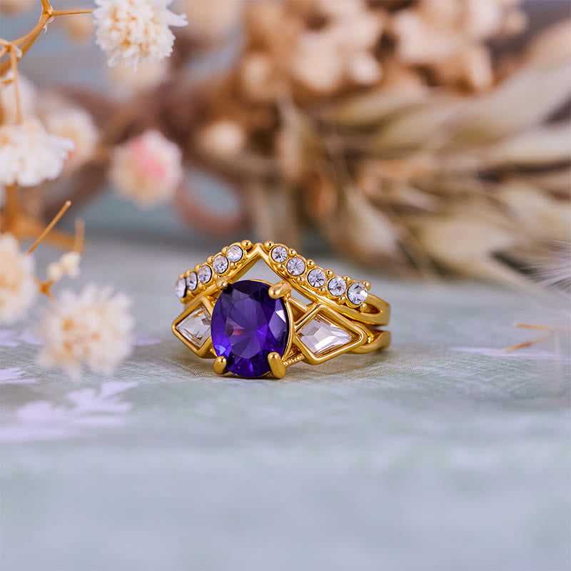 Olivenorma 2-teiliges Ringset mit ovalem Amethyst und weißem Zirkon
