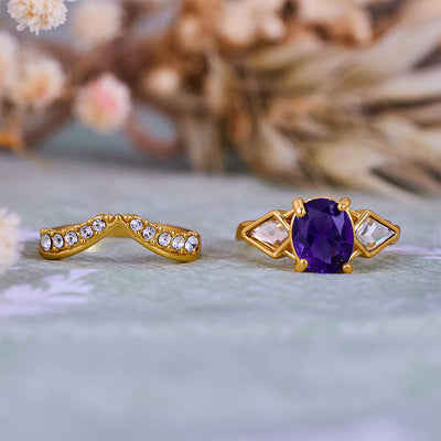 Olivenorma 2-teiliges Ringset mit ovalem Amethyst und weißem Zirkon