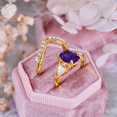 Olivenorma 2-teiliges Ringset mit ovalem Amethyst und weißem Zirkon