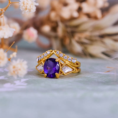 Olivenorma 2-teiliges Ringset mit ovalem Amethyst und weißem Zirkon