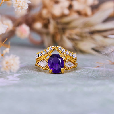 Olivenorma 2-teiliges Ringset mit ovalem Amethyst und weißem Zirkon