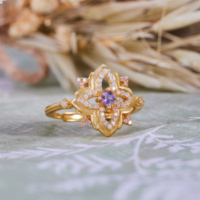 Olivenorma Amethyst Palace Retro-Ring mit geschnitztem Design