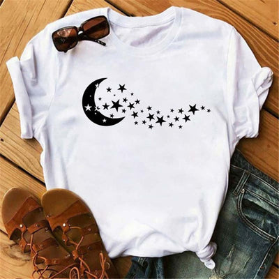 Olivenorma T-Shirt aus Baumwolle mit Mond- und Schmetterlingsdruck