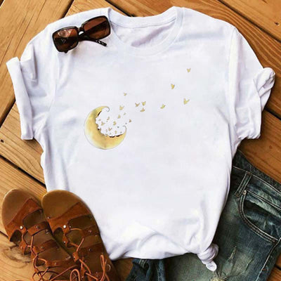 Olivenorma T-Shirt aus Baumwolle mit Mond- und Schmetterlingsdruck