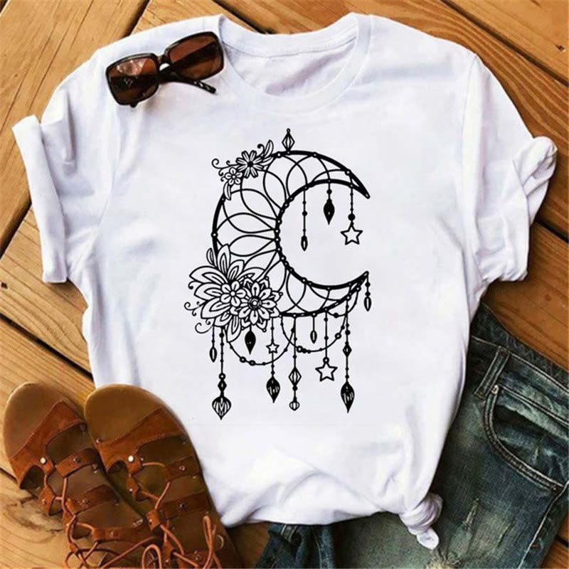 Olivenorma T-Shirt aus Baumwolle mit Mond- und Schmetterlingsdruck