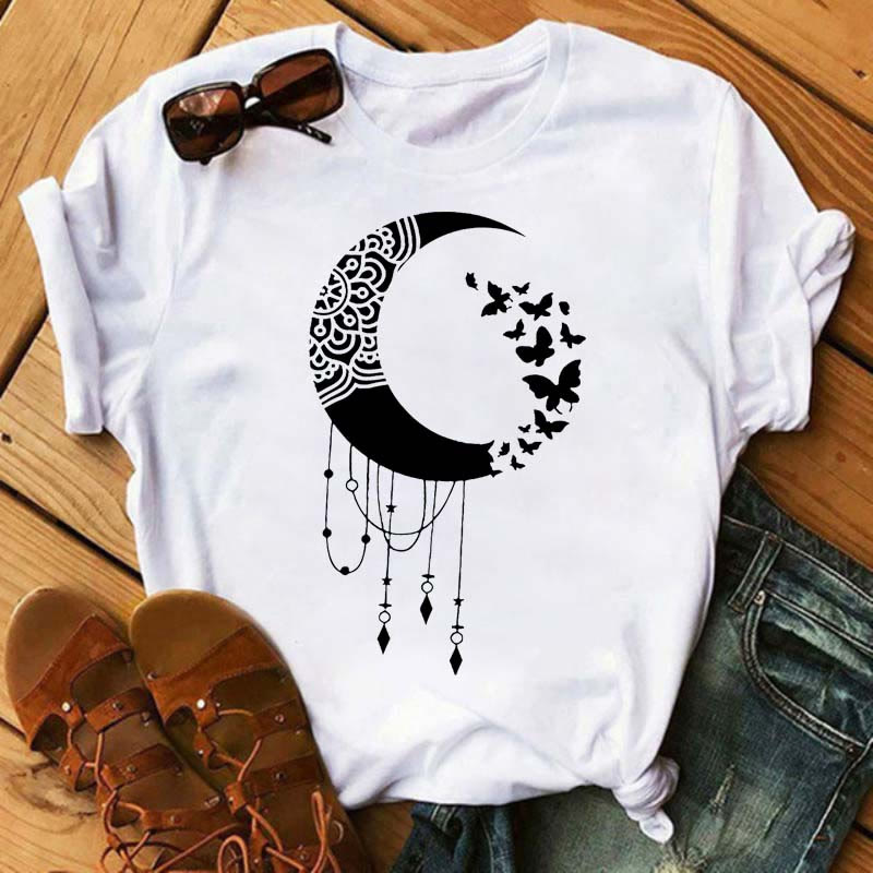 Olivenorma T-Shirt aus Baumwolle mit Mond- und Schmetterlingsdruck