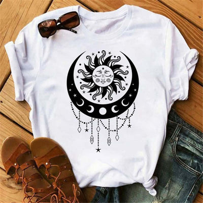 Olivenorma Polyester T-Shirt mit Mond- und Lotus-Aufdruck