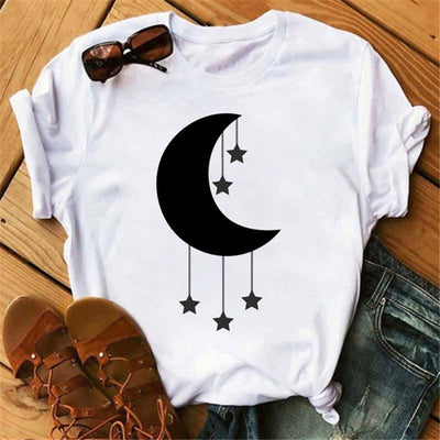 Olivenorma Polyester T-Shirt mit Mond- und Lotus-Aufdruck