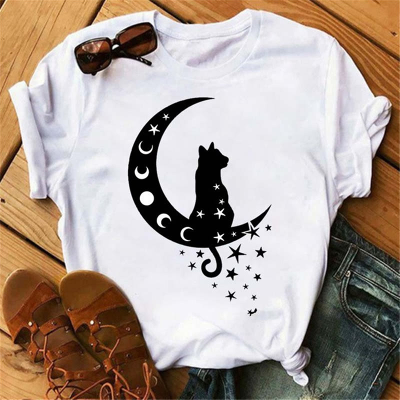 Olivenorma Polyester T-Shirt mit Mond- und Lotus-Aufdruck