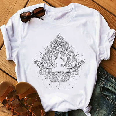 Olivenorma T-Shirt mit Buddha-Chakra-Meditation und Zen-Hobo-Boho-Print