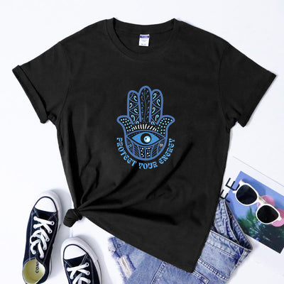 Olivenorma T-Shirt mit Aufdruck „Schutz vor bösem Blick und Hamsa“