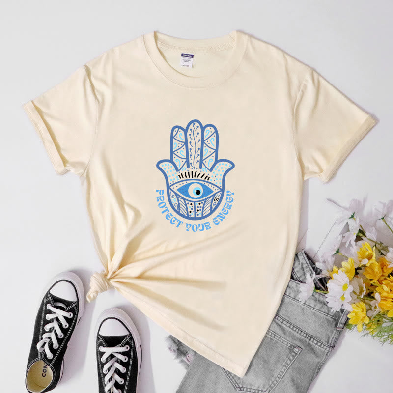 Olivenorma T-Shirt mit Aufdruck „Schutz vor bösem Blick und Hamsa“