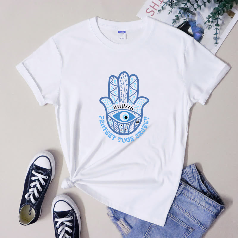 Olivenorma T-Shirt mit Aufdruck „Schutz vor bösem Blick und Hamsa“