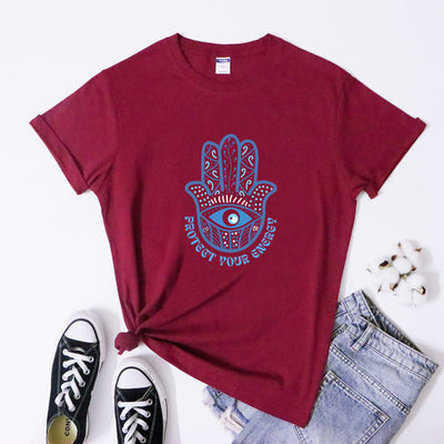Olivenorma T-Shirt mit Aufdruck „Schutz vor bösem Blick und Hamsa“