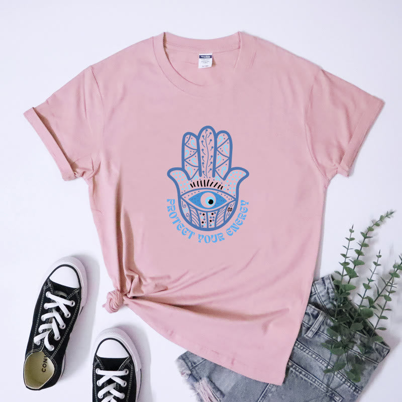 Olivenorma T-Shirt mit Aufdruck „Schutz vor bösem Blick und Hamsa“