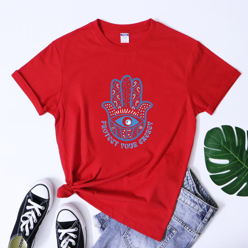 Olivenorma T-Shirt mit Aufdruck „Schutz vor bösem Blick und Hamsa“