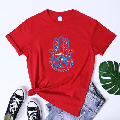 Olivenorma T-Shirt mit Aufdruck „Schutz vor bösem Blick und Hamsa“