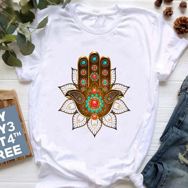 Olivenorma T-Shirt mit Meditationsmotiv, Hamsa, Buddha und Lotus
