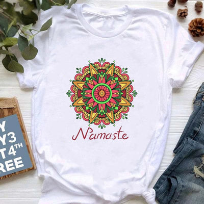 Olivenorma T-Shirt mit Meditationsmotiv, Hamsa, Buddha und Lotus
