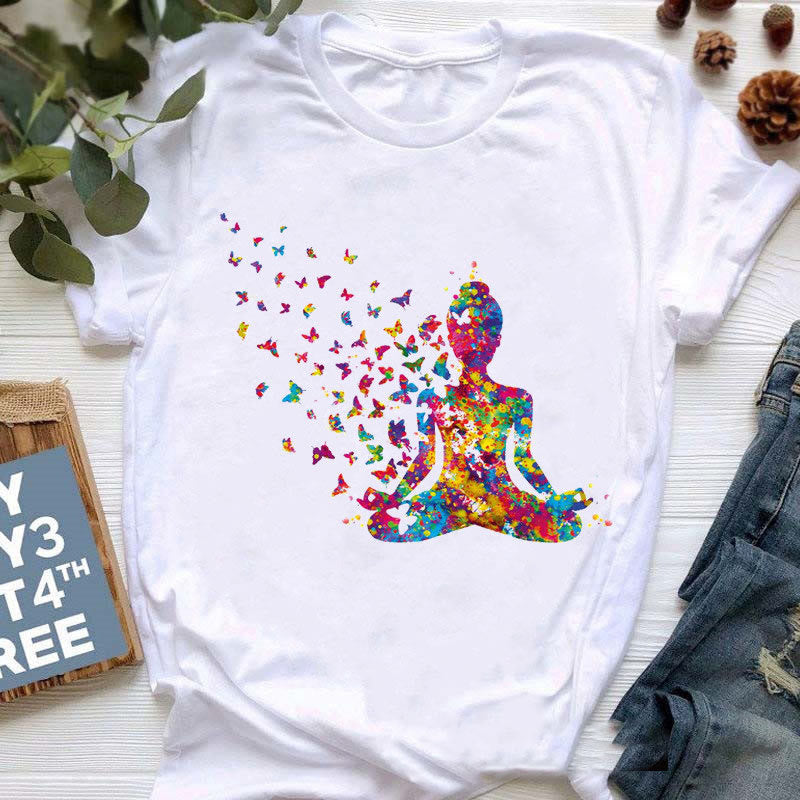 Olivenorma T-Shirt mit farbenfrohem Buddha-Meditations-Yoga-Aufdruck