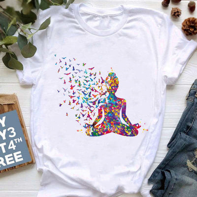 Olivenorma T-Shirt mit farbenfrohem Buddha-Meditations-Yoga-Aufdruck