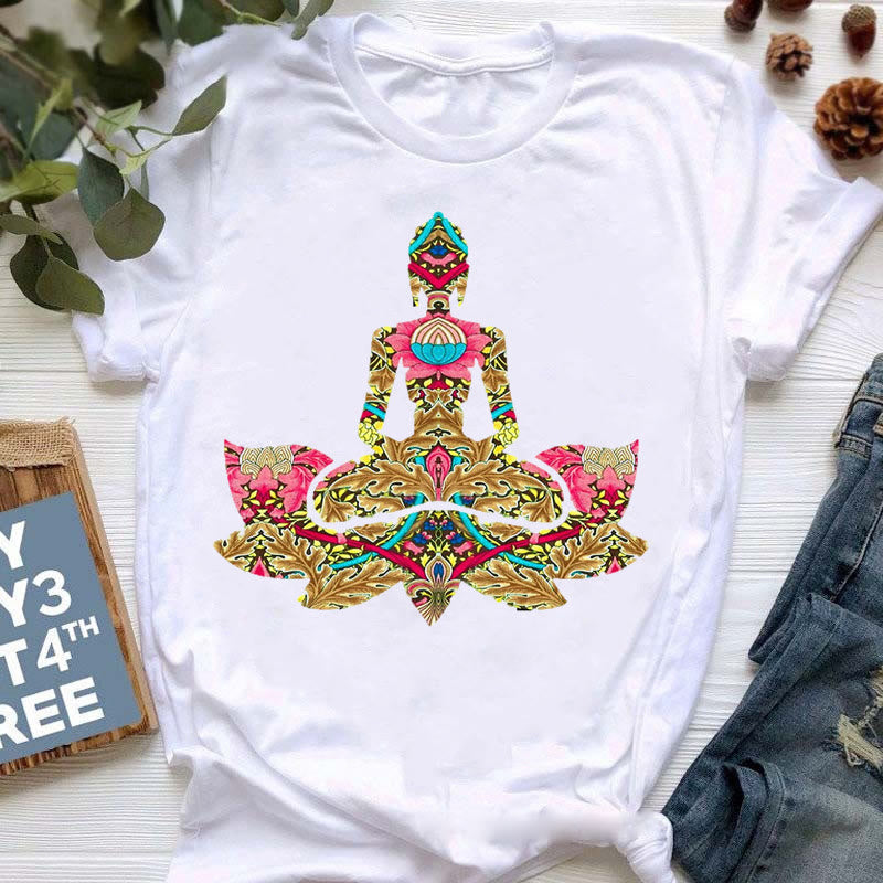 Olivenorma Buddha Yoga Meditation Top Bunt bedrucktes T-Shirt