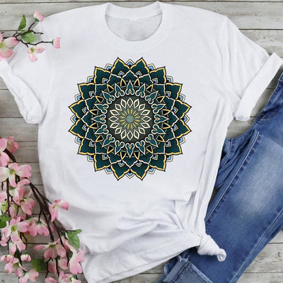 Olivenorma T-Shirt aus Baumwolle mit buntem Lotus-Elefanten-Aufdruck
