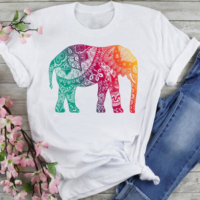 Olivenorma Chenille T-Shirt mit buntem Lotus-Elefanten-Aufdruck