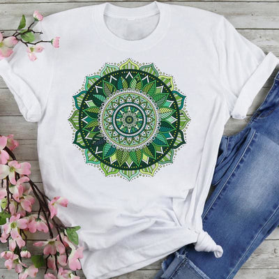 Olivenorma T-Shirt aus Baumwolle mit buntem Lotus-Elefanten-Aufdruck