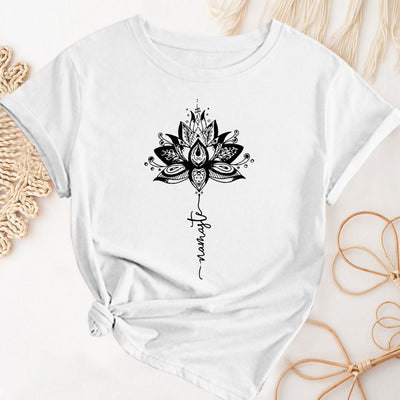 Olivenorma – Kurzärmliges T-Shirt mit Rundhalsausschnitt und Lotus- und Buchstabendruck
