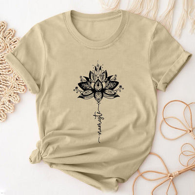 Olivenorma – Kurzärmliges T-Shirt mit Rundhalsausschnitt und Lotus- und Buchstabendruck