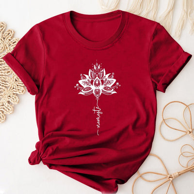 Olivenorma – Kurzärmliges T-Shirt mit Rundhalsausschnitt und Lotus- und Buchstabendruck
